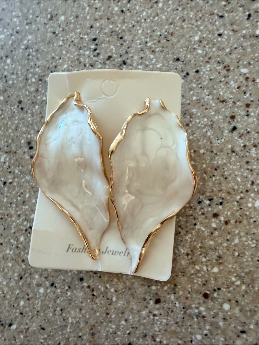 Gold color Trim White Shell style Drop Earrings - Fashion Jewelry - Picture 5 of 5